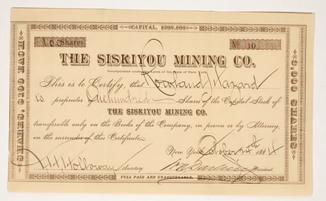 Siskiyou Mining Company Stock Certificate, 1884 [204148]