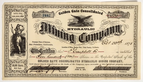 Golden Gate Consolidated Hydraulic Mining Co. Stock Certificate, 1878 [204812]