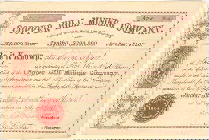 Copper Hill Mining Company Stock Certificate, 1864 [205026]