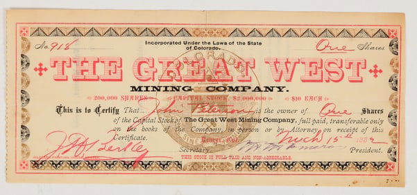 Great West Mining Company Stock Certificate, 1882 [204184]