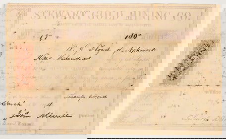Stewart Gold Mining Company Stock Certificate, Black Hawk, 1864 [204158]