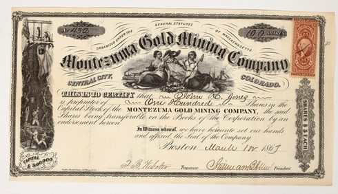 Montezuma Gold Mining Company Stock Certificate, Central City, CO 1867 [204166]