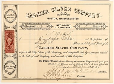 Cashier Silver Company Stock Certificate, Clear Creek County, CO 1871 [204621]