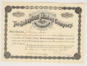 Schuylkill Mining Company Stock Certificate, 1893, Creede, Colorado [204143]