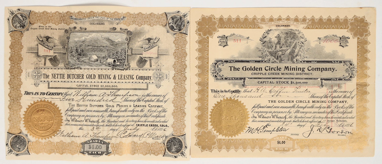 Two Different Cripple Creek, Colorado Mining Stock Certificates [195379]: Lot of 2 different. Both scarce. 1) Nettie Butcher Gold Mining & Leasing Company. Issued in 1896 to the secretary. Not cancelled. Mining vignettes in all corners. This very short-lived company apparen