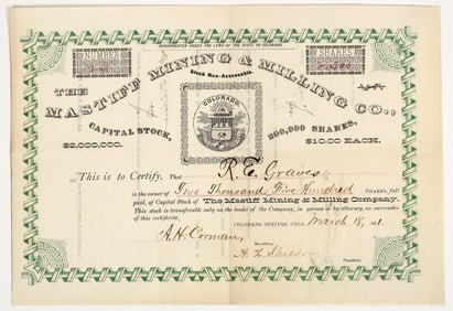 Mastiff Mining & Milling Co. Stock Certificate, Colorado City, 1881 [204810]
