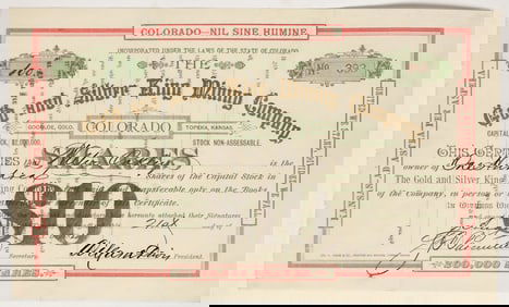 Gold & Silver King Mining Company Stock Certificate, Colorado, 1884 [195881]