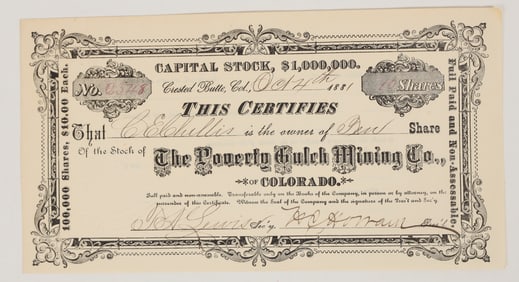 Poverty Gulch Mining Company Stock Certificate, 1881 [204918]