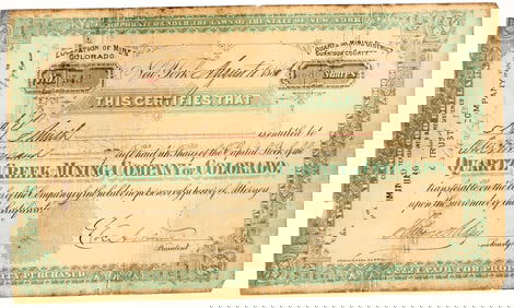 Quartz Creek Mining Company of Colorado Stock Certificate, 1881 [204759]