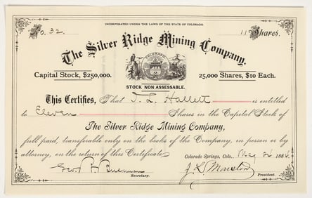 Silver Ridge Mining Company Stock Certificate, 1884 [204765]