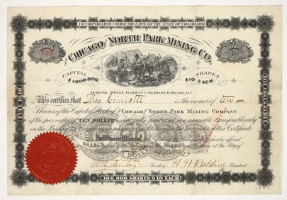 Chicago & North Park Mining Co. Stock Certificate, Teller City, Colorado, 1881 [204823]