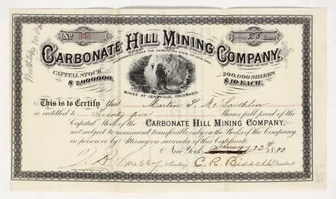 Carbonate Hill Mining Company Stock Certificate, Leadville, 1880 [204154]