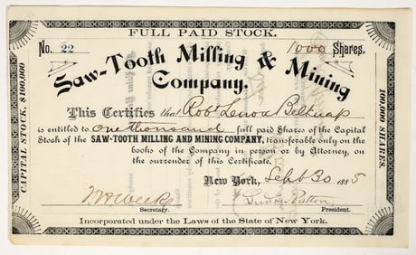 Saw-Tooth Milling & Mining Co. Stock Certificate, 1885 [203539]