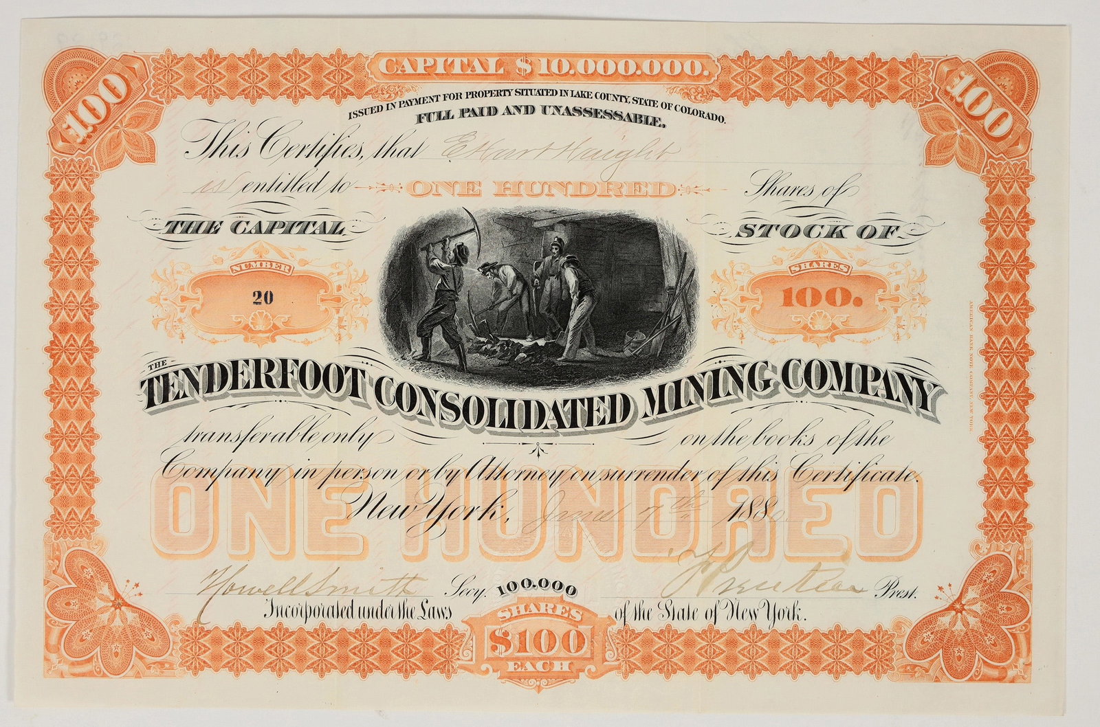 Tenderfoot Consolidated Mining Company Stock Certificate, 1886 [195371]: "Issued in Payment for Property Situated in Lake County, State of Colorado" (printed top center). Inc. in New York. No. 20, issued for 100 shares to Haight on June 7th, 1880 in New York. Signed by pre