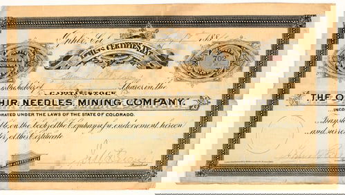 Ophir Needles Mining Company Stock Certificate, 1884 [205371]