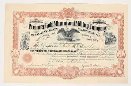 Premier Gold Mining & Milling Company Stock, San Juan, Colorado 1912 [204919]