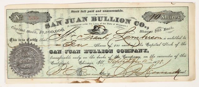 San Juan Bullion Company Stock Certificate, 1878 [203945]