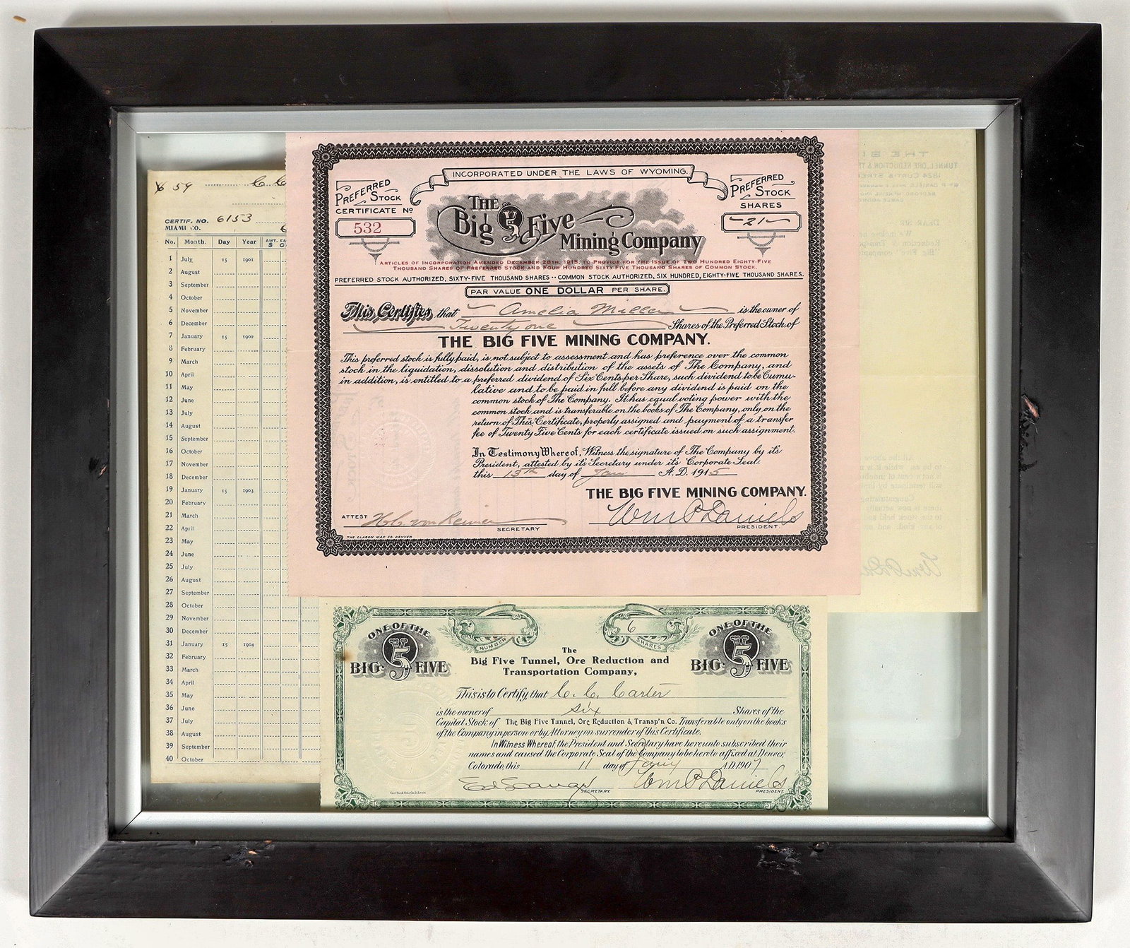 Big Five Mining Company and Big Five Tunnel, Ore Reduction and Transportation Company Stock Certific: This float frame has two stock certificates for the Big Five Tunnel, Ore Reduction Company (1907) and the Big Five Mining Company of 1915. These two companies managed by and signed by William Daniels 