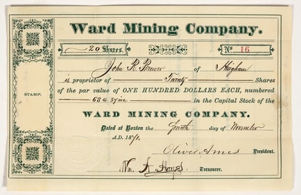Ward Mining Company Stock Certificate, Ward, Colorado, 1871 [204151]