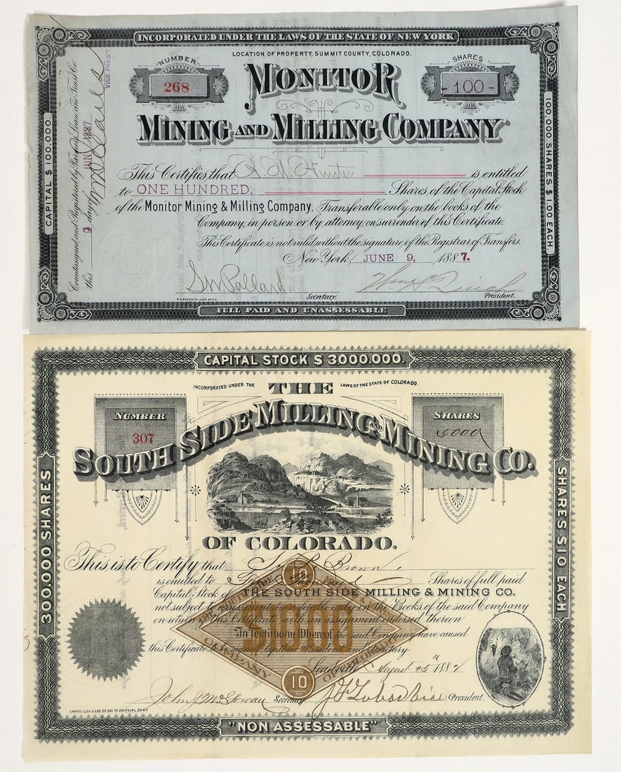 Two Different Rare 1880s Colorado Mining Stock Certificates [204776]: Lot of 2 different. 1) The South Side Milling & Mining Company. Leadville. Inc. in Colorado. No. 307, issued for 5000 shares to Brown in Leadville in 1882. Signed by vice president JF Tabor (brother o