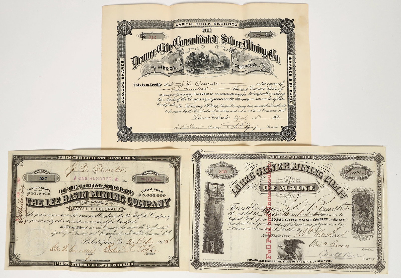 Three Different American Silver Stocks, 1870s-90s (Two Colorado) [204286]: Lot of 3 different. Includes: Lubec Silver Mining Company of Maine 1878; Denver City Cons. Silver MC (Lake County, CO), 1891; and Lee Basin MC, Leadville, 1882. Please inspect.^Date: 1870s-90sCountry 