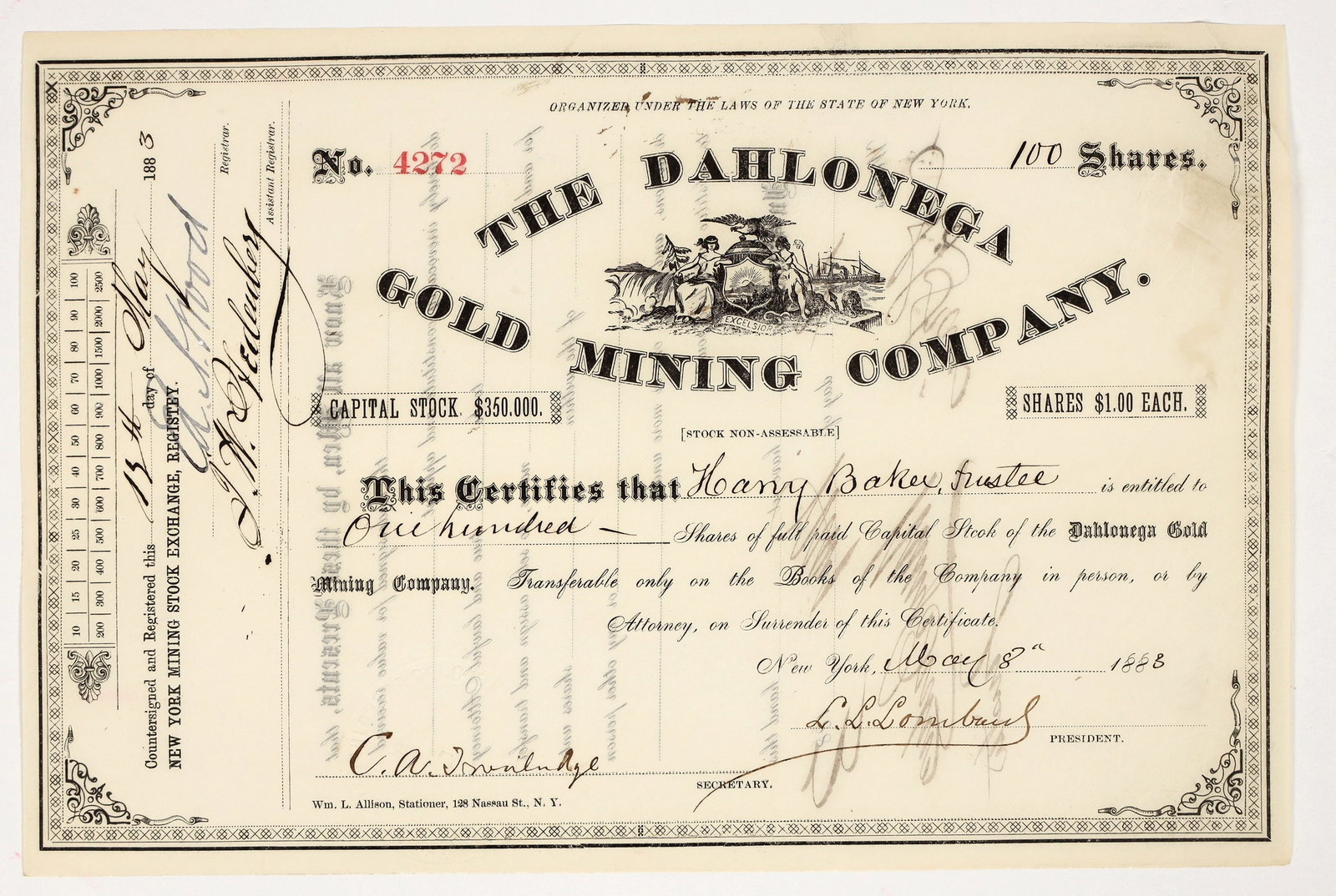 Dahlonega Gold Mining Company Stock Certificate, 1888 [204138]: Number 4272 for 100 shares issued to Harry Baker in 1888. Signed by president Loring L Lombard and secretary Charles A Trowbridge. Not cancelled. "The property of the Dahlonega Gold Mining Company, fo