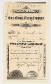 Warm Springs Consolidated Mining Company Stock Certificate, 1884 [204155]