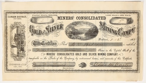 Miners' Consolidated Gold & Silver Mining Co. Stock Certificate, Idaho Territory, 1865 [203929]