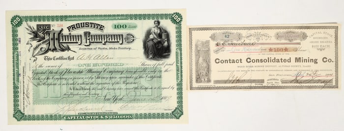 Two Different 1880s Idaho Territory Mining Stock Certificates [204194]