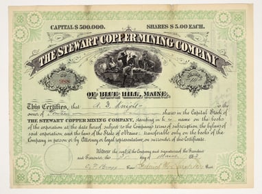 Stewart Copper Mining Company Stock Certificate, Maine, 1883 [204152]
