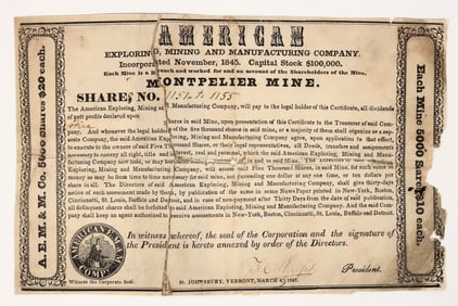 American Exploring, Mining, & Manuf. Co. Stock Certificate, Michigan, 1847 [204164]