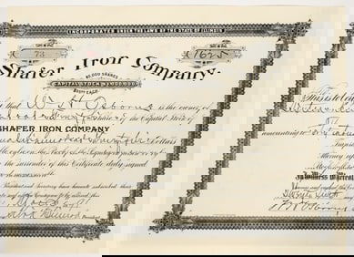 Shafer Iron Company Stock Certificate, Crystal Falls, Michigan, 1891 [204179]