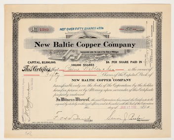 New Baltic Copper Company Stock Certificate, 1912 [205226]