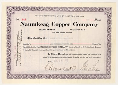 Naumkeag Copper Company Stock Certificate, 1913 [205233]