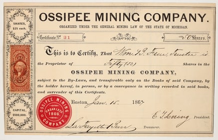 Ossipee Mining Company Stock Certificate, 1867 [205234]