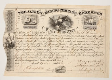 Albion Mining Company of Eagle River Stock Certificate, 1846 [205228]