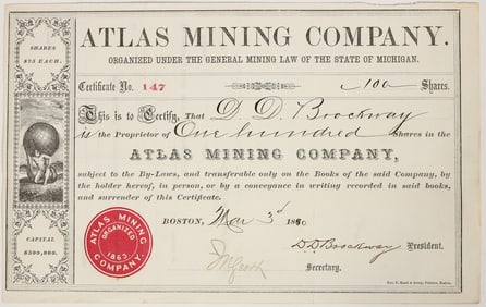 Atlas Mining Company Stock Certificate, 1880 [205224]