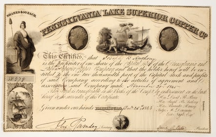 Pennsylvania & Lake Superior Copper Company Stock Certificate, 1845 [205222]