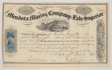 Mendota Mining Company of Lake Superior Stock Certificate, 1872 [205231]