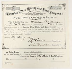 Superior Silver Mining & Land Company Stock Certificate, Michigan, 1871 [195491]