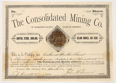 Consolidated Mining Company Stock Certificate, Michigan, 1896 [204836]