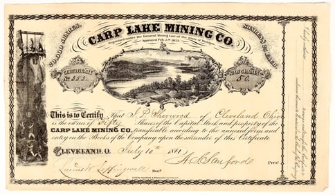 Carp Lake Mining Company Stock Certificate, Michigan, 1861 [195878]