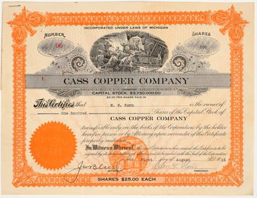 Cass Copper Company Stock Certificate, 1916 [205235]