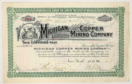 Michigan Copper Mining Company Stock Certificate, 1901 [205223]