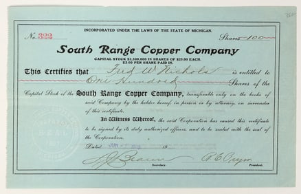 South Range Copper Company Stock Certificate, 1909 [205225]