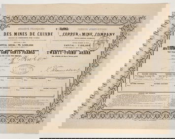 Des Mines de Cuivre / Copper-Mine Company Stock, 1858, Possibly Michigan [205221]