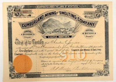 Cumberland Mining & Smelting Company Stock Certificate, Castle, Montana, 1892 [197924]