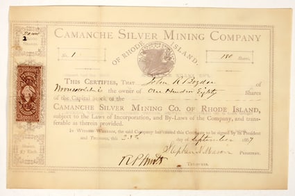 Camanche Silver Mining Company of Rhode Island Stock Certificate, 1867 [204827]