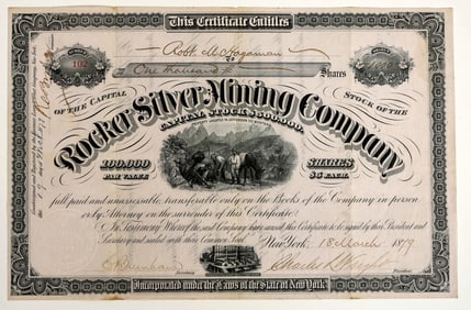 Rocker Silver Mining Company Stock Certificate, Montana, 1879 [204612]
