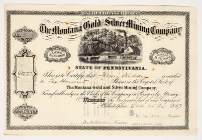 Montana Gold & Silver Mining Co. Stock Certificate, Madison County, Montana 1867 [195879]